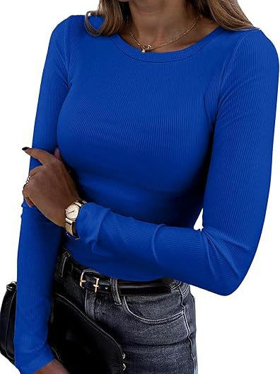Long-sleeved Elastic Round Neck Rib T-shirt