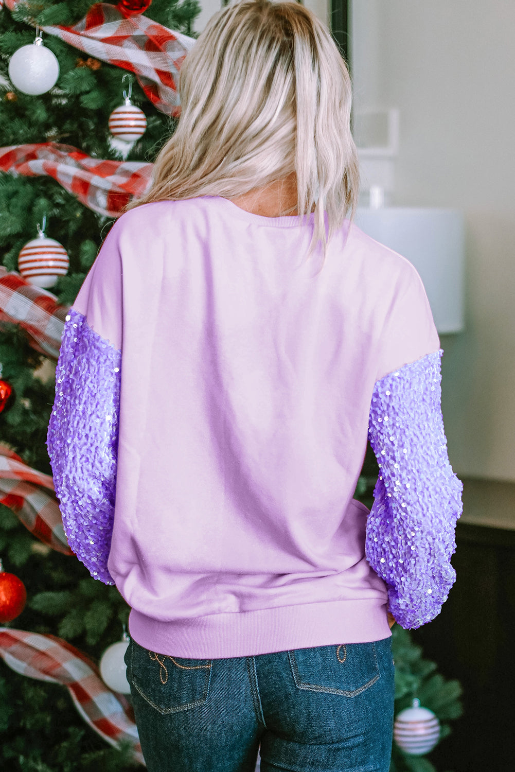 Solid Sequin Patchwork Long Sleeve Top