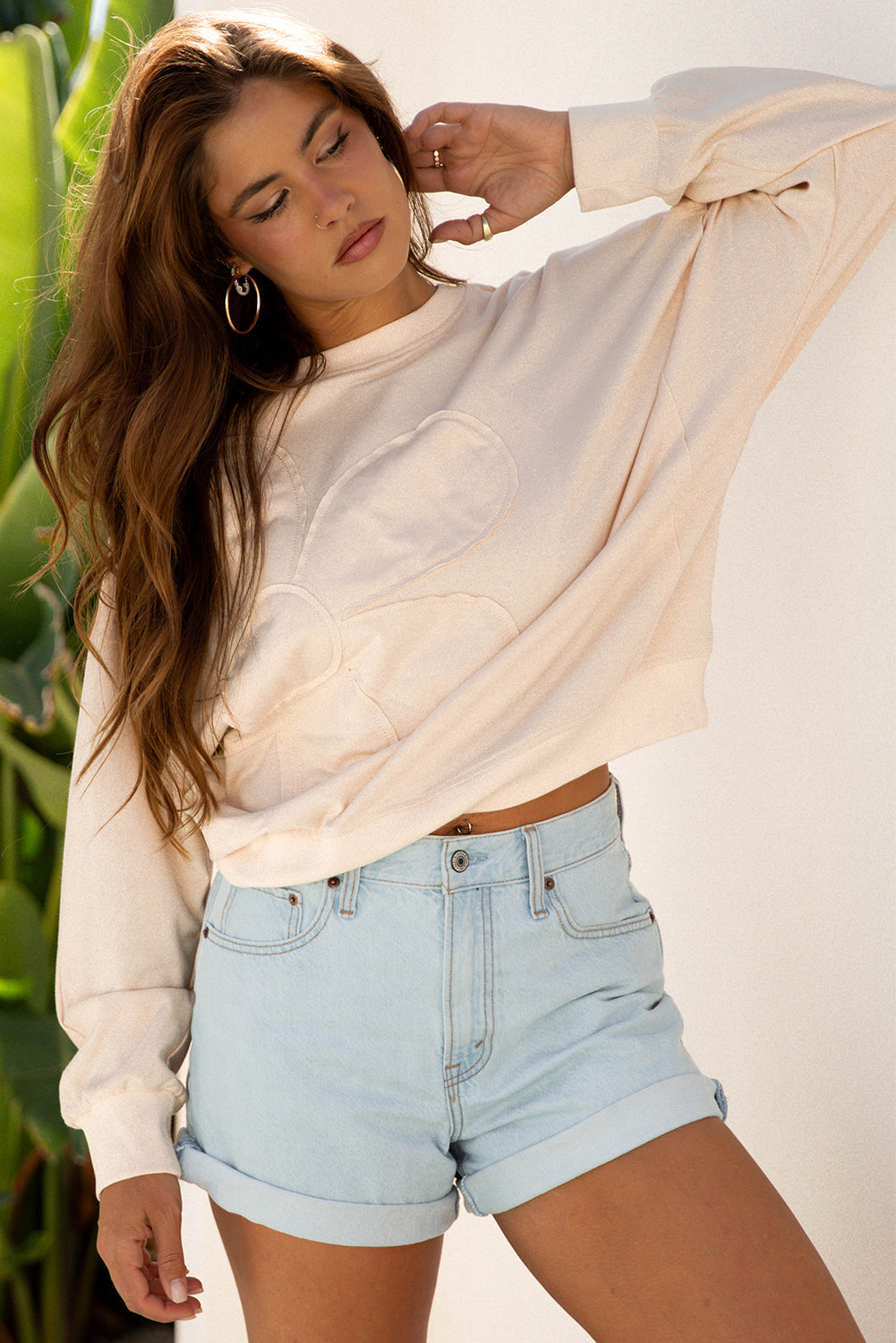 Flower Patchwork Raw Edge Drop Shoulder Top