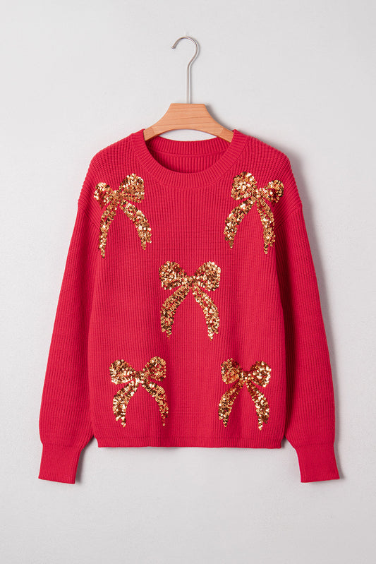 Christmas Sequin Bow Drop Shoulder Sweater
