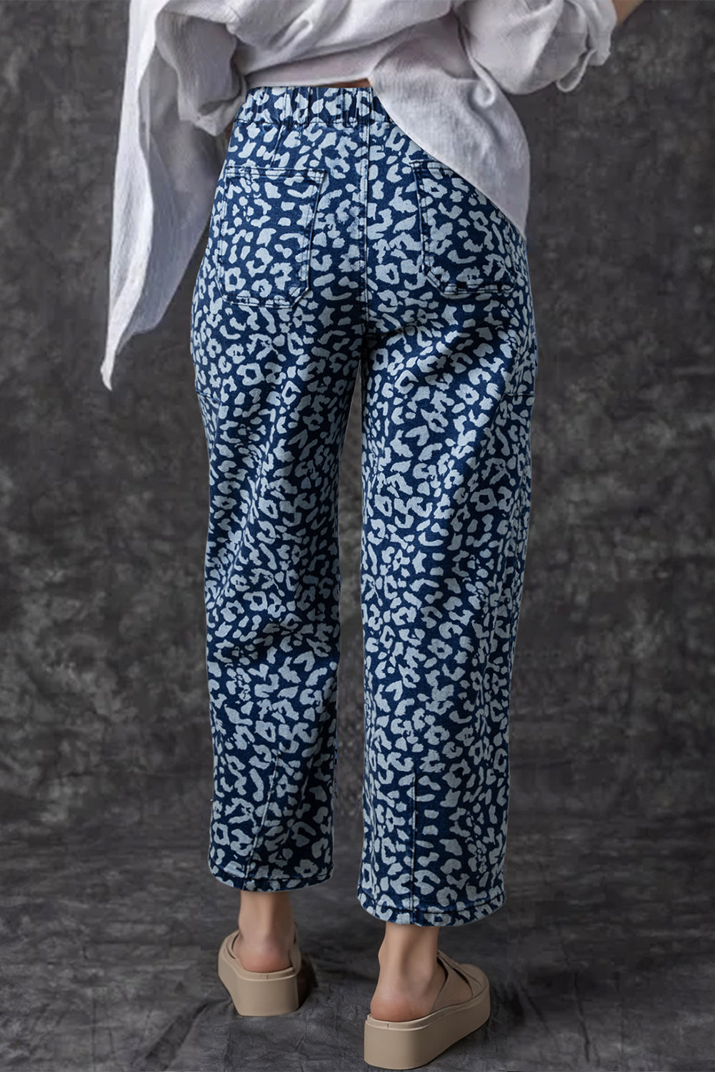 Leopard Drawstring Elastic Waist Pocketed Jeans