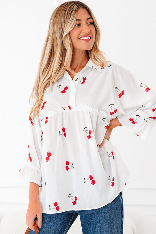 Cherry Frilled Collar 3/4 Sleeve Babydoll Blouse