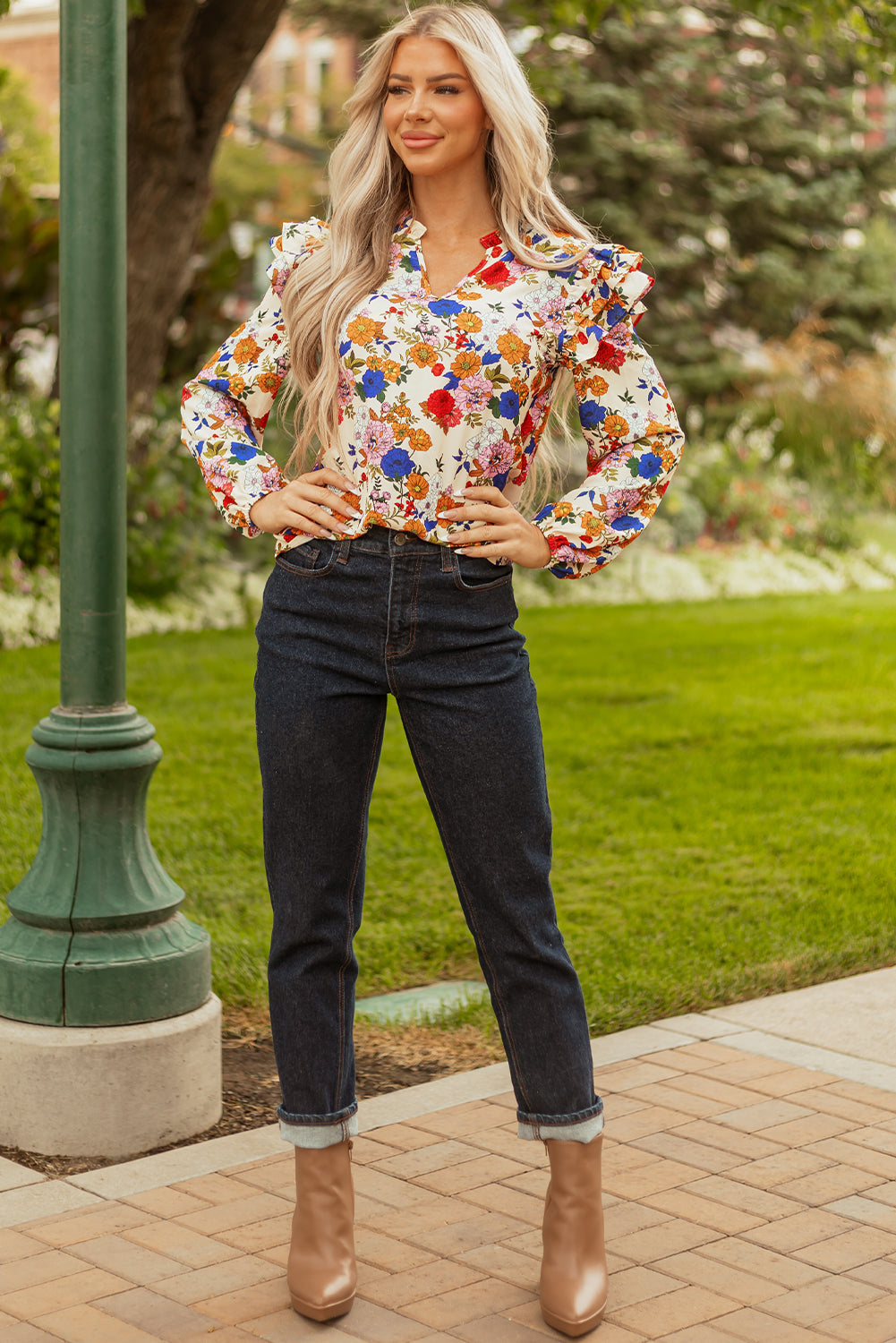 Floral Ruffle Shoulder Long Sleeve Blouse