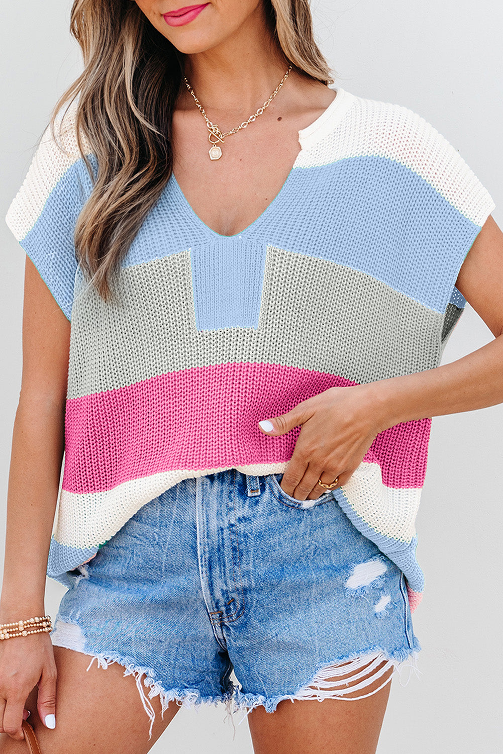 Stripe Colorblock V-Neck Sweater T-Shirt