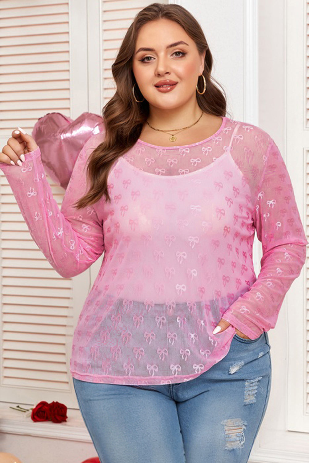 Plus Size Bow Embroidered Long Sleeve Mesh Top