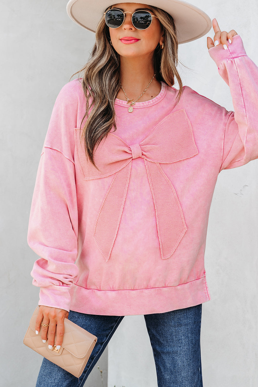Solid Bow Patchwork Mineral Wash Sweatshirt