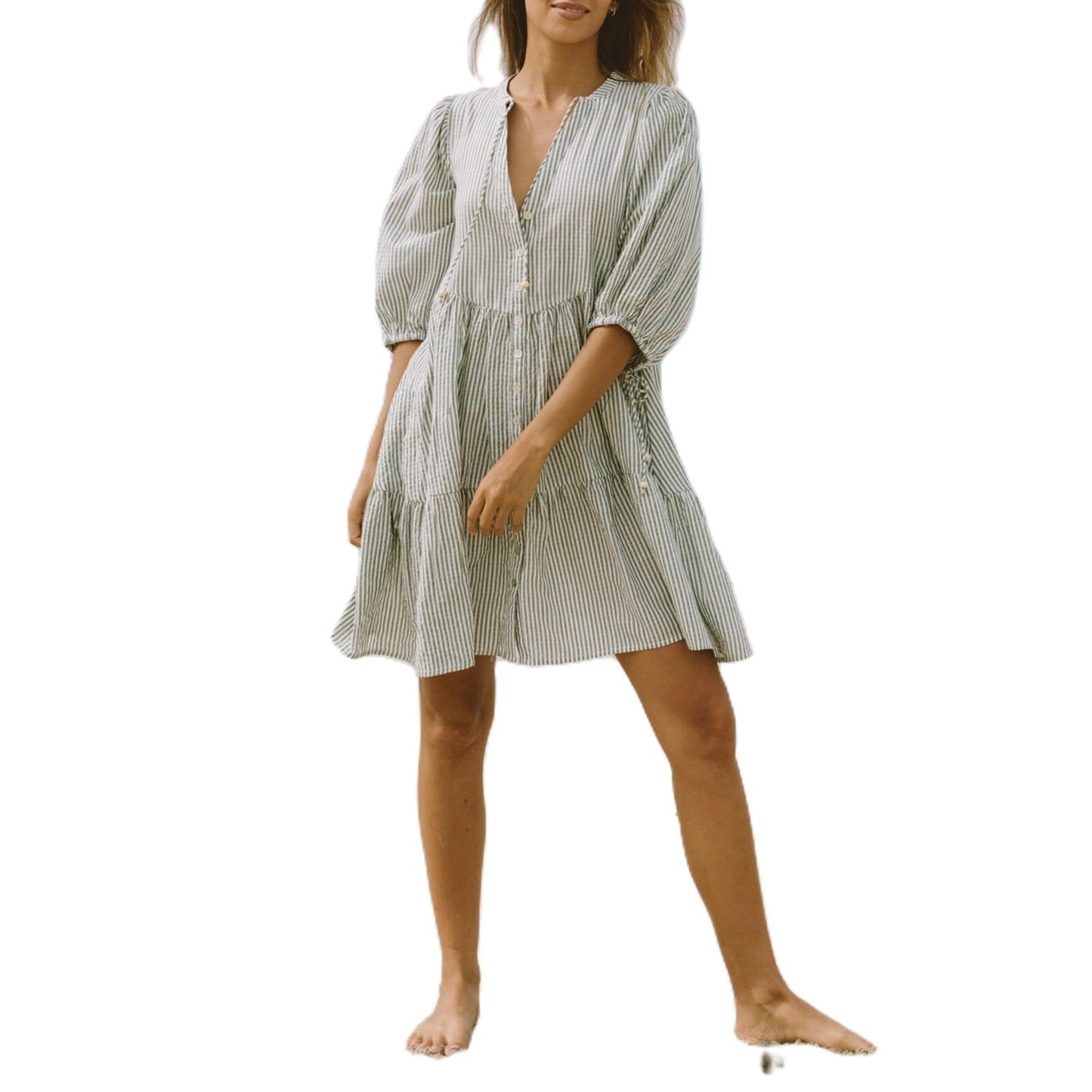 Womens V-Neck Striped Button Dress