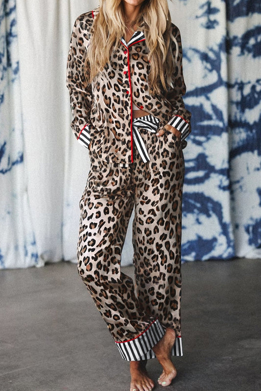 Leopard Colorblock Stripe Edge Shirt and Pants Pajama Set