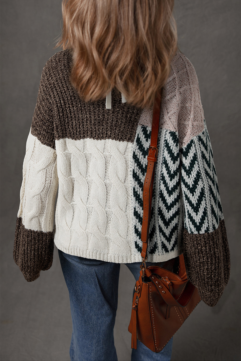 Colorblock Cable Knit Patchwork Tied Back Sweater