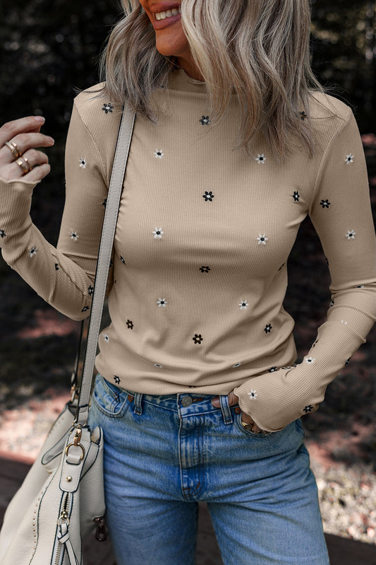 Floral Ribbed Embroidered Long Sleeve Top