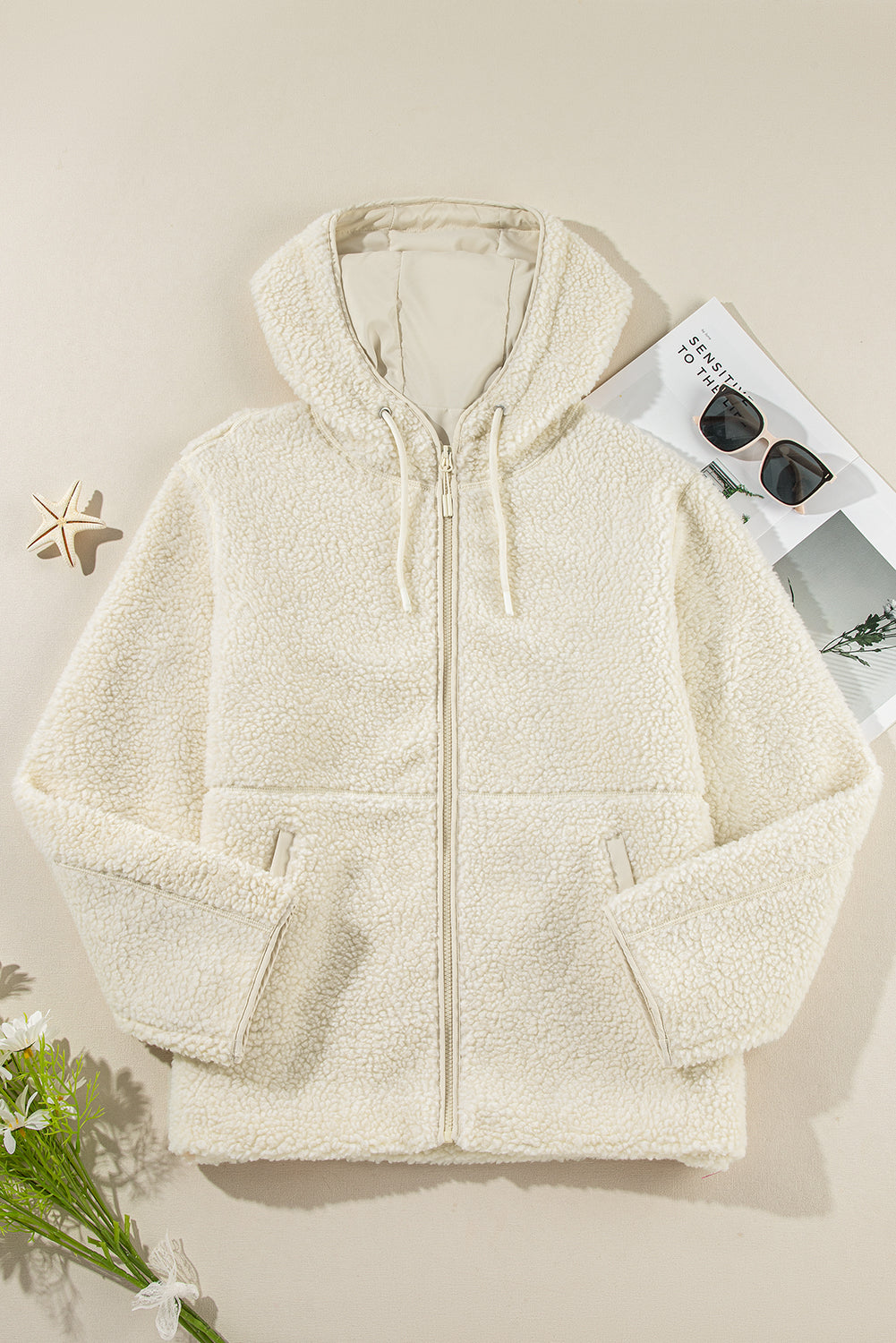Solid Fleece Zip-Up Drawstring Pocketed Hooded Jacket