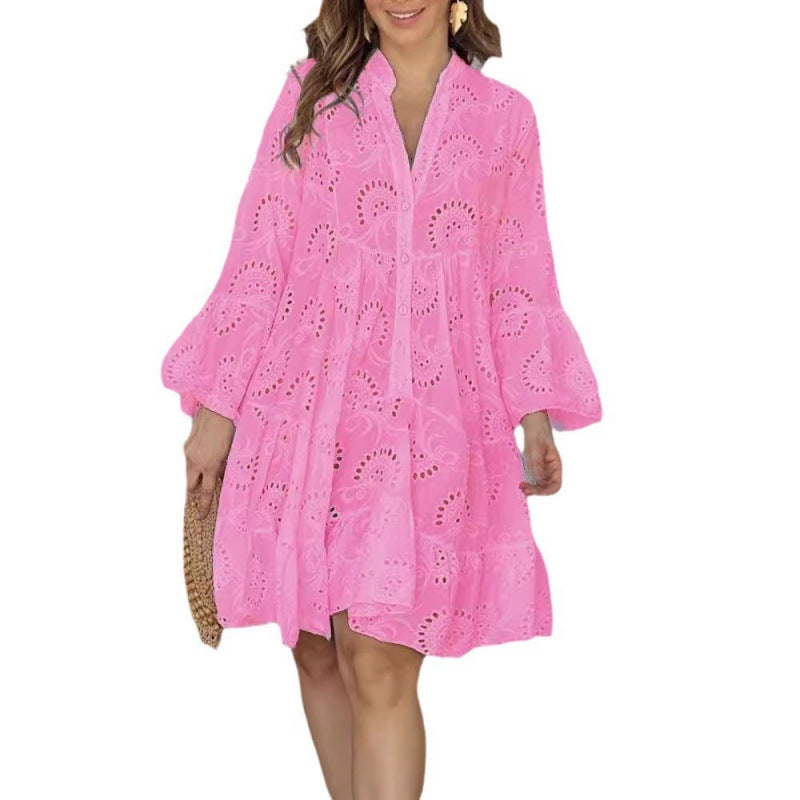 Cotton Embroidery V-neck Loose Dress