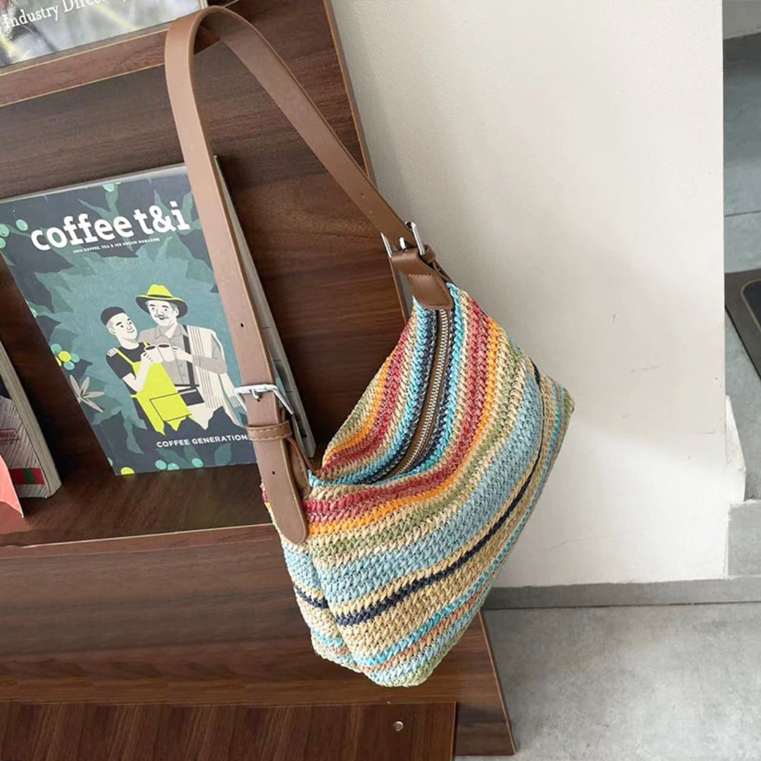 Summer Rainbow Straw Bag for Women – Casual Large Capacity Beach Vacation Shoulder Fashion Bag Hobo