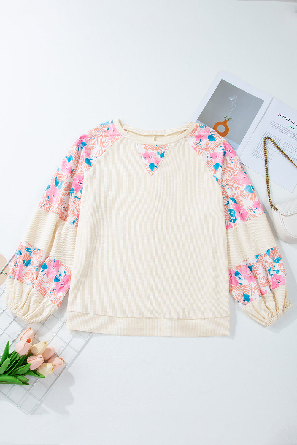 Plus Size Floral Patchwork Sleeve Crewneck Top