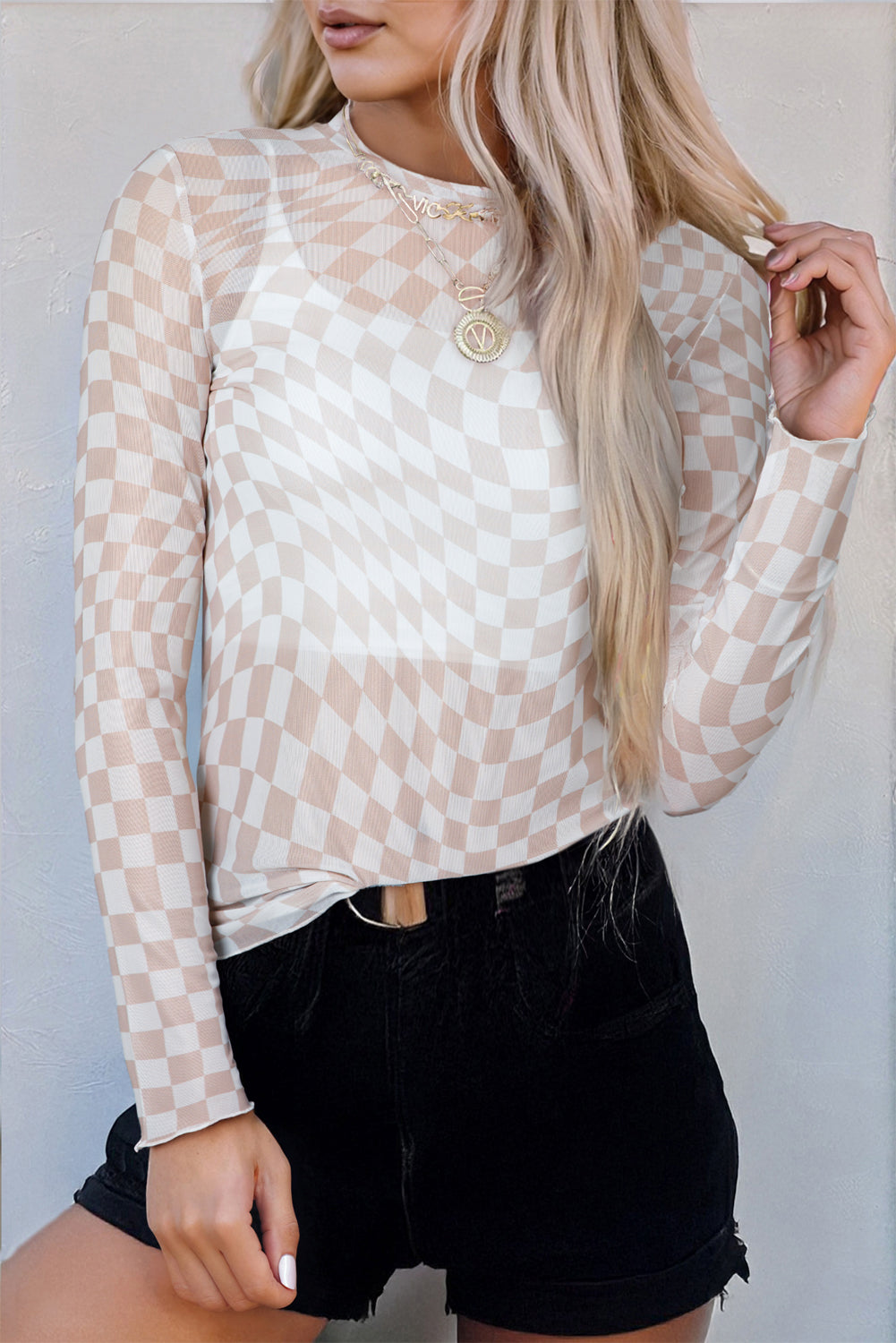 Checker Mesh Mock Neck Long Sleeve Top