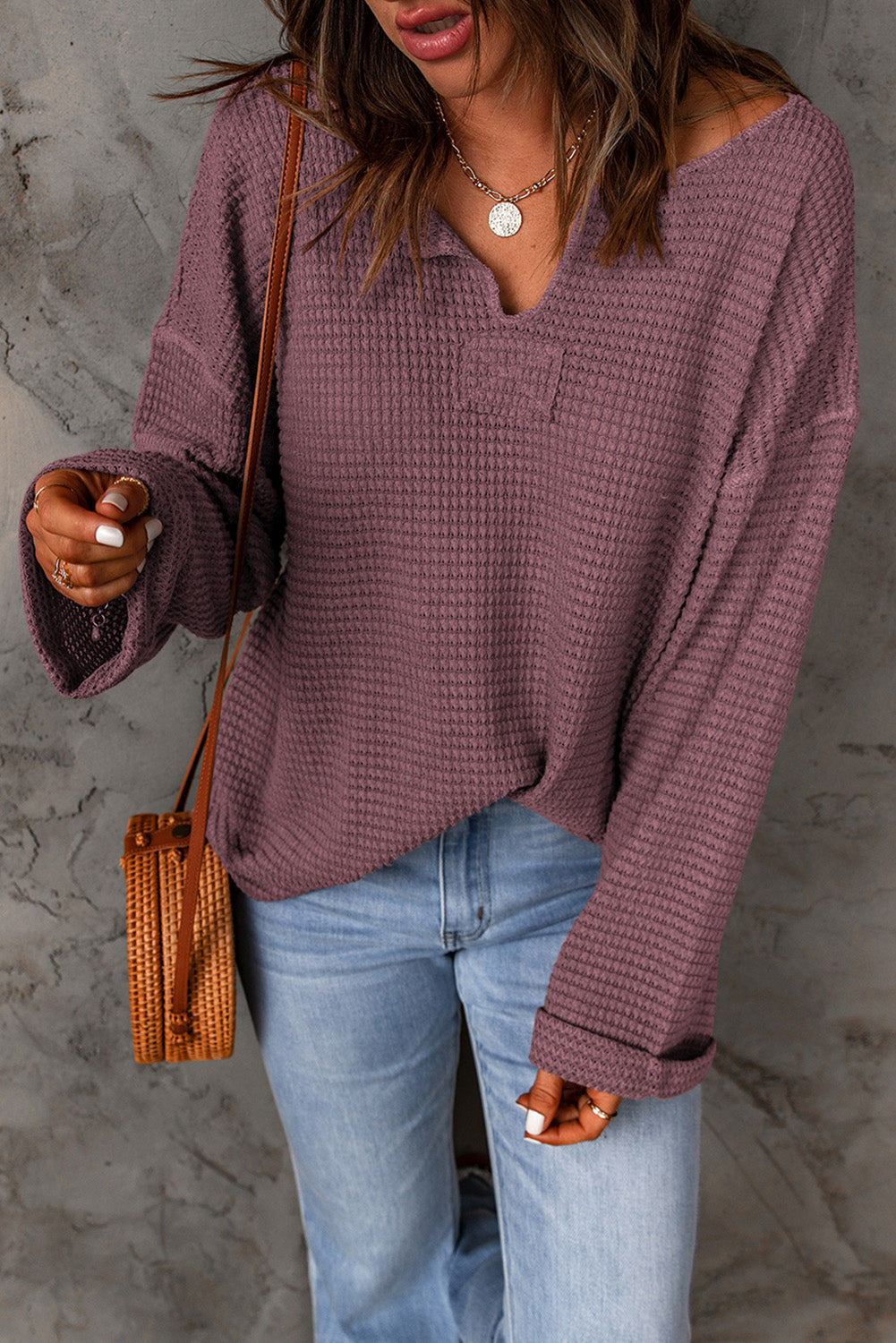 Solid Waffle Knit Long Sleeve Top