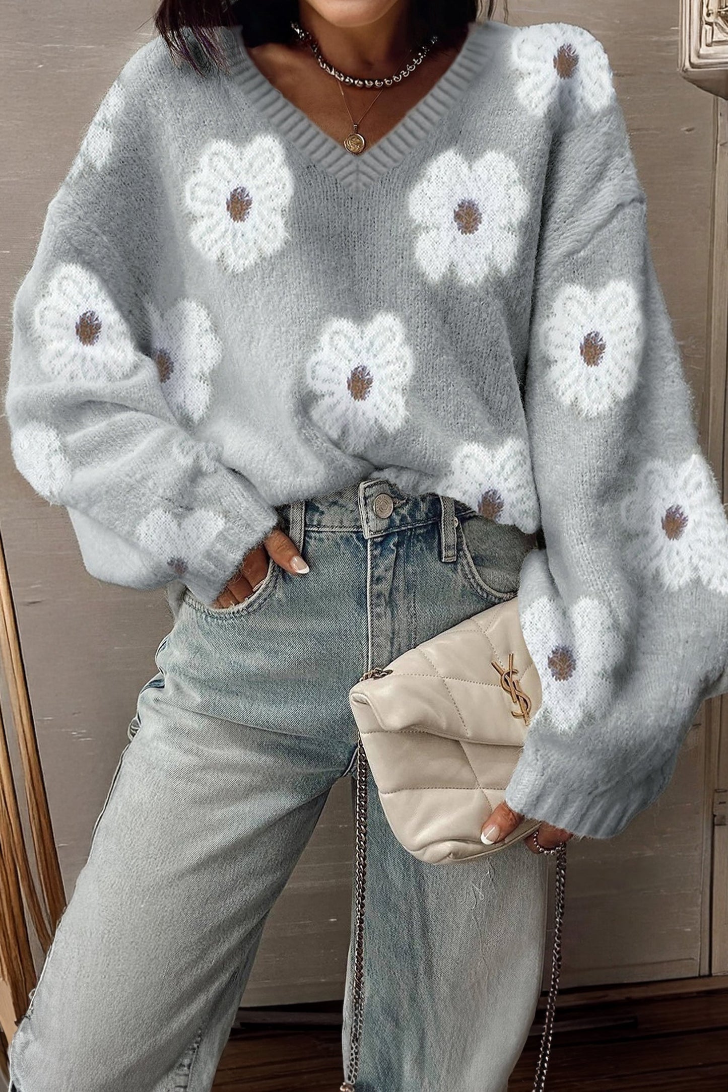 Floral V-Neck Drop Shoulder Baggy Sweater