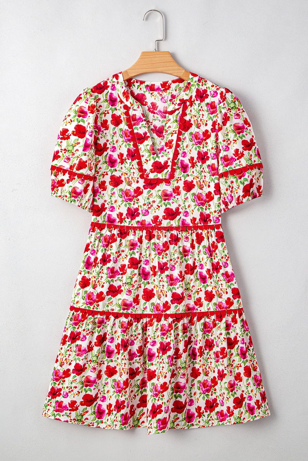 Floral Ricrac Puff Sleeve Pocketed Tiered Mini Dress