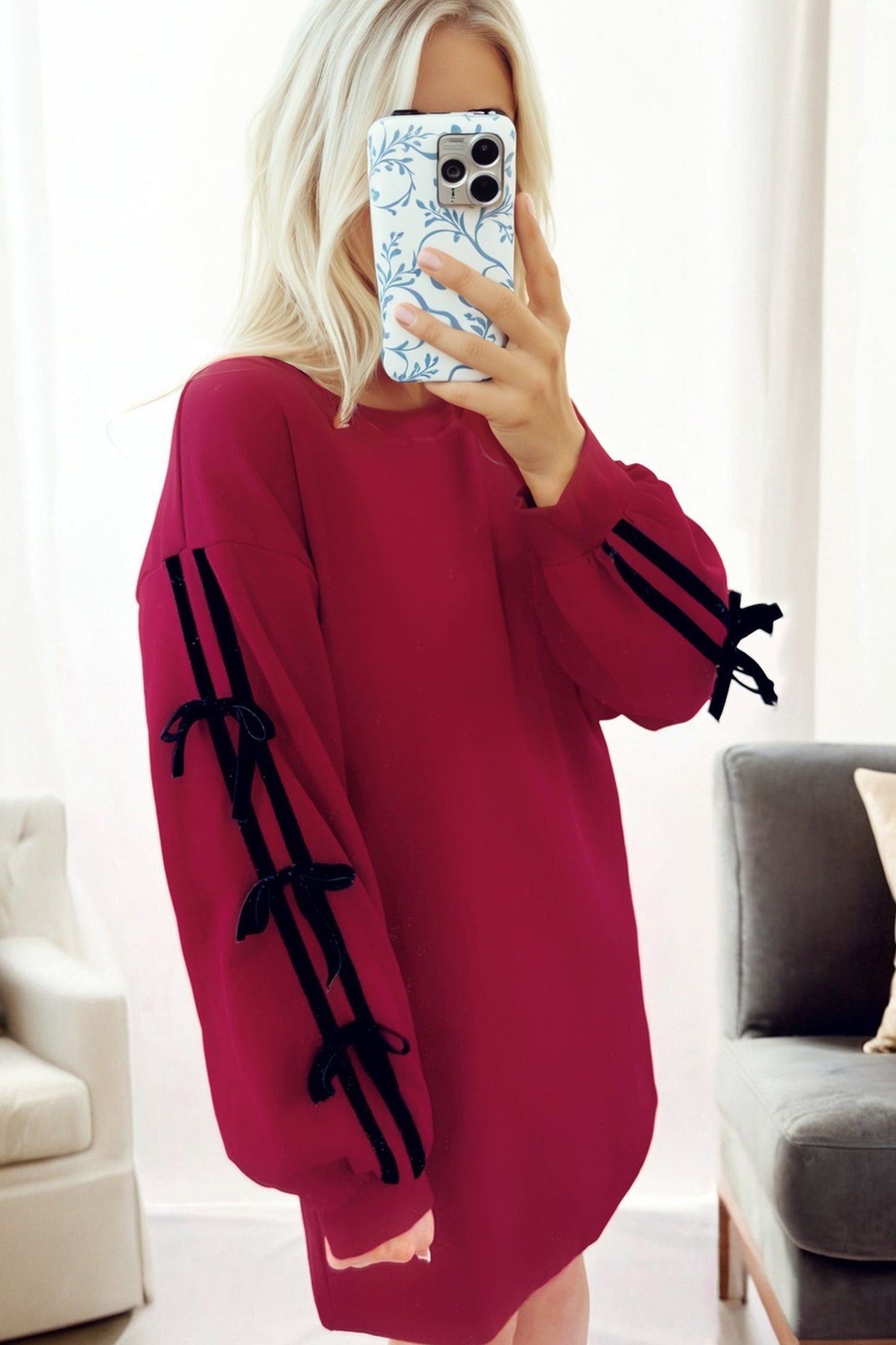 Contrast Stripe Bow Drop Shoulder Sweatshirt Dress