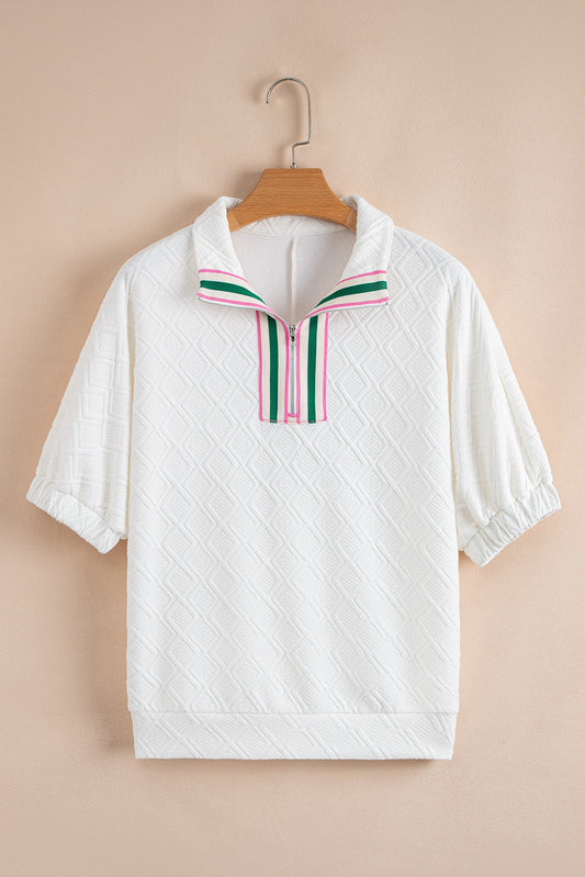 Contrast Stripe Textured Short Sleeve Blouse