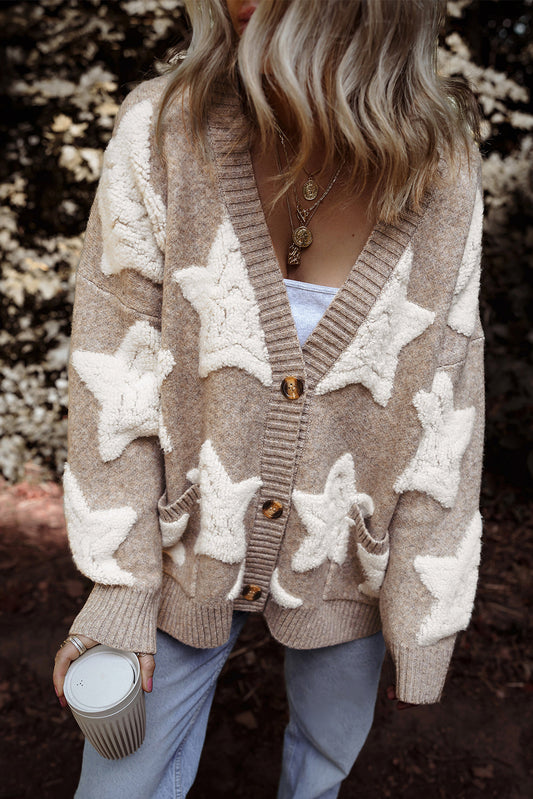 Star Sherpa Textured Buttoned Sweater Cardigan