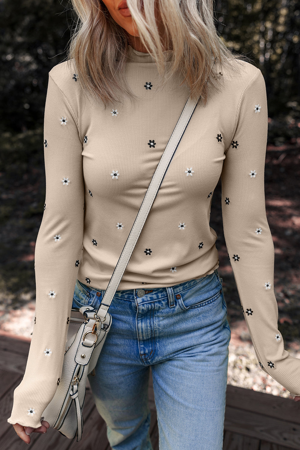 Floral Ribbed Embroidered Long Sleeve Top