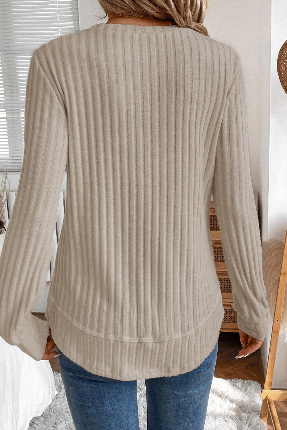 Solid Ribbed Knit Textured Round Neck Top
