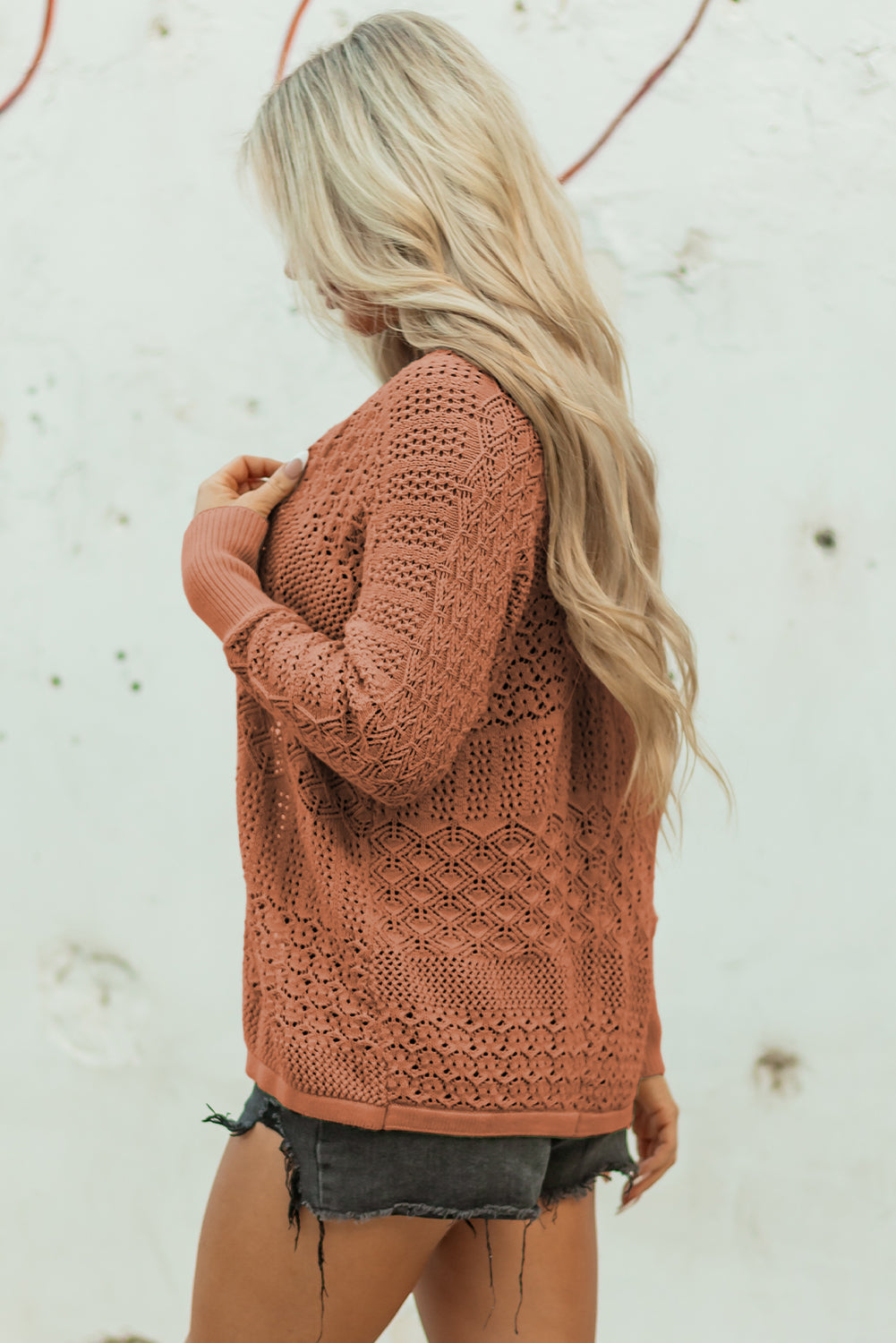 Solid Hollow Knit Open-Front Cardigan
