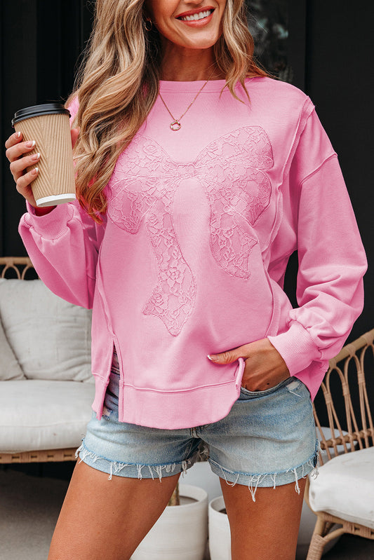 Bow Lace Embroidered Reverse Seam Sweatshirt