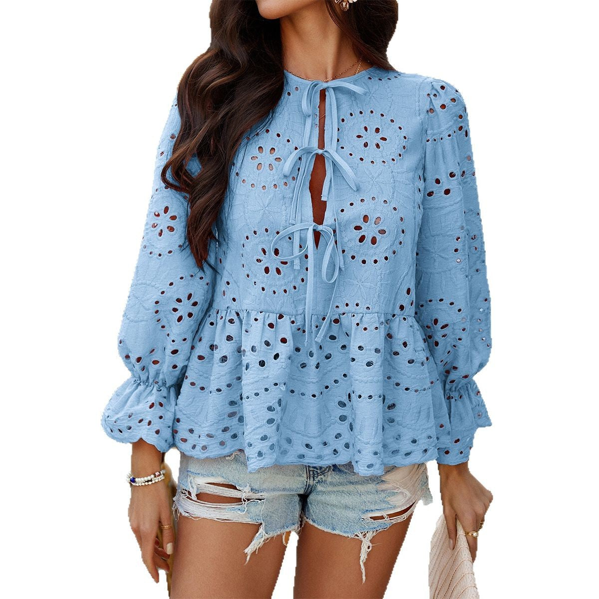 Loose Fit Lace-Up Cut Out Knit Shirt for Women