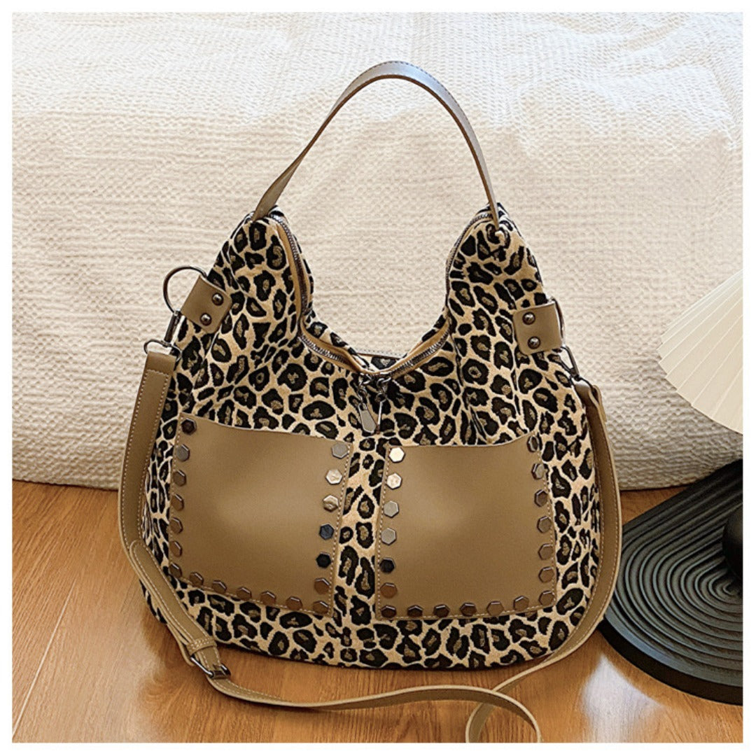 Ladies leopard print large capacity tote bag, vintage hobo bag casual, shoulder bag with crossbody strap, bag underarm bag women