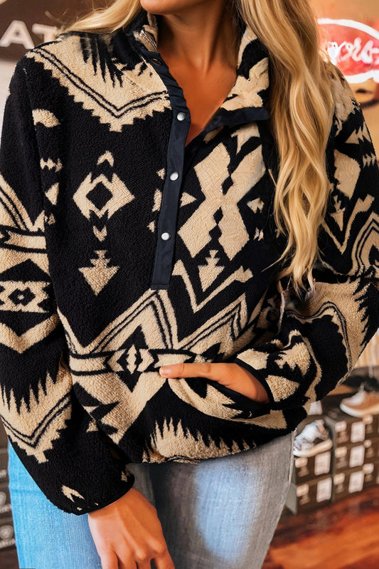 Plus Size Western Aztec Fleece Half Button Sweatshirt