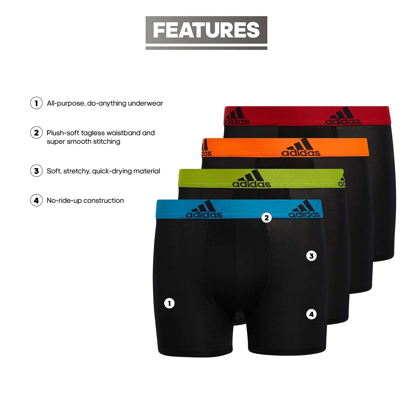 adidas Kids-Boy's Performance Boxer Briefs Underwear (4-Pack) Large Black/Solar Blue/Semi Solar Slime Green - # BOAA121410001