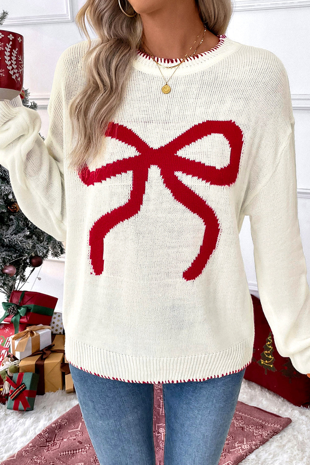 Christmas Bow Colorblock Long Sleeve Sweater