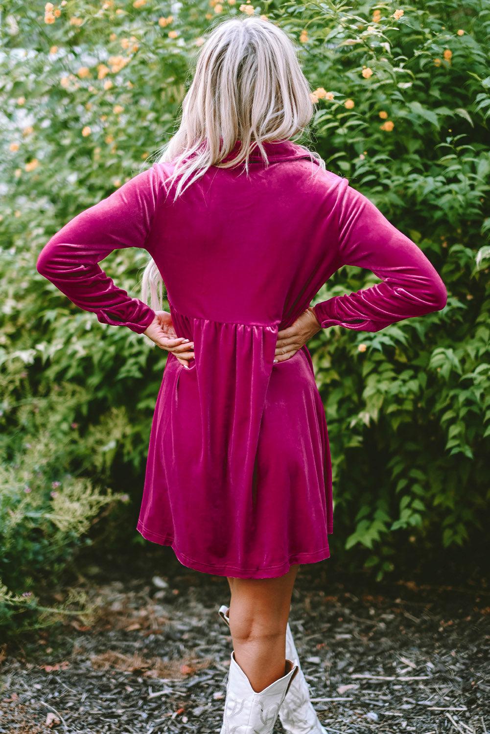 Velvet Button-Up Long Sleeve Ruffle Dress