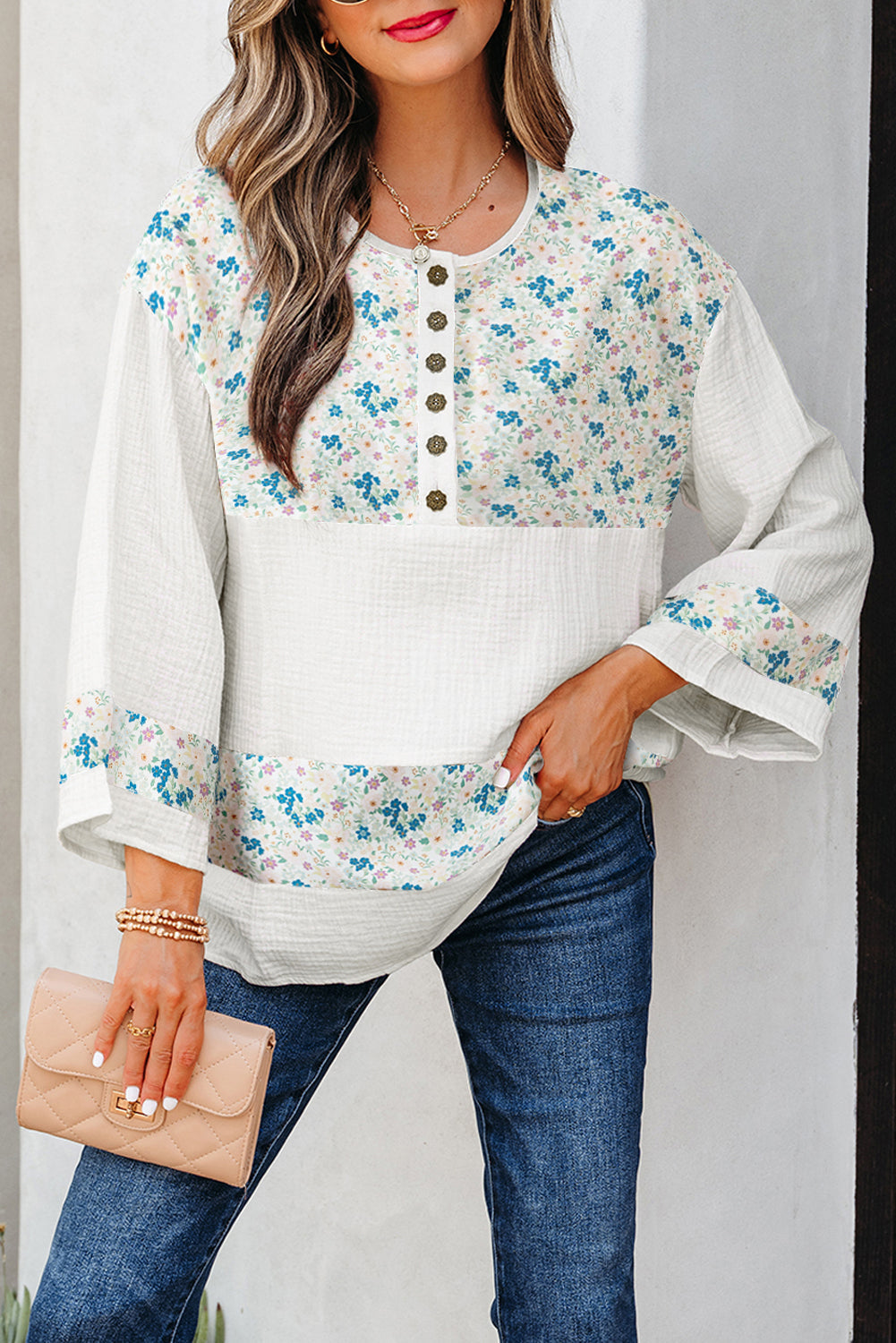 Floral Gauze Patchwork 3/4 Sleeve Blouse