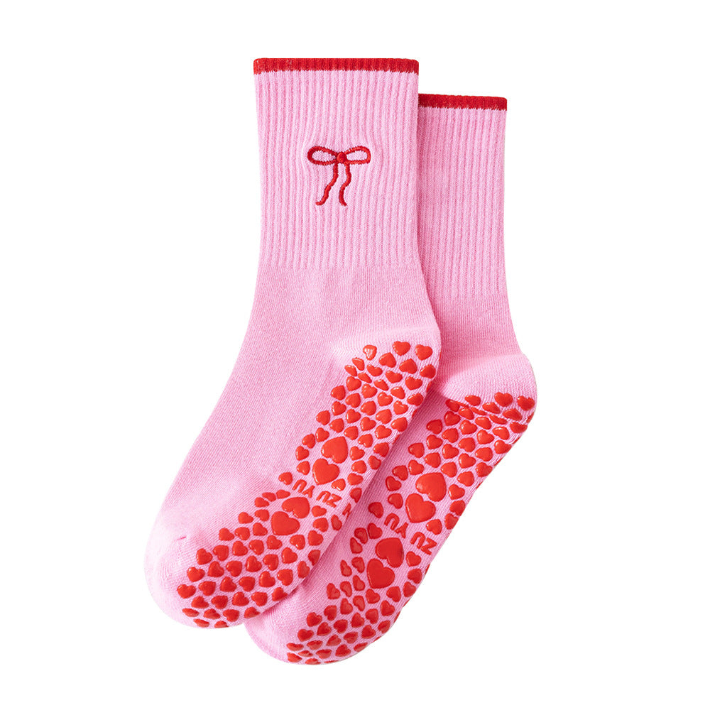 Yoga Socks Women's Mid-Calf Cotton Socks Breathable Embroidered Bow Professional Anti-Slip Dispensing Fitness Training Pilates Socks
