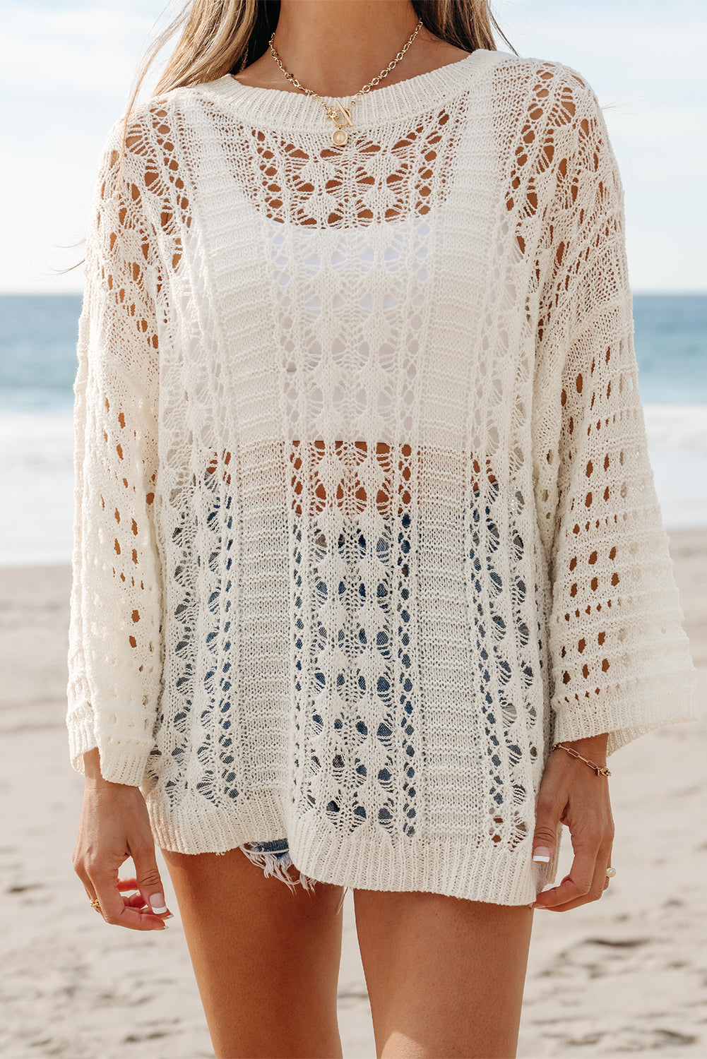 Hollow Out Knit 3/4 Drop Shoulder Sweater