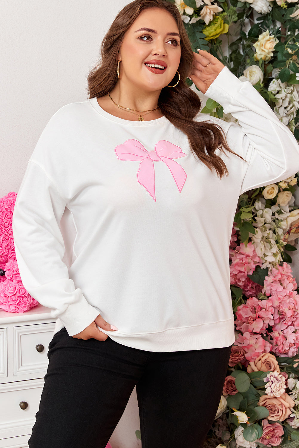 Plus Size Bow Drop Shoulder Sweatshirt