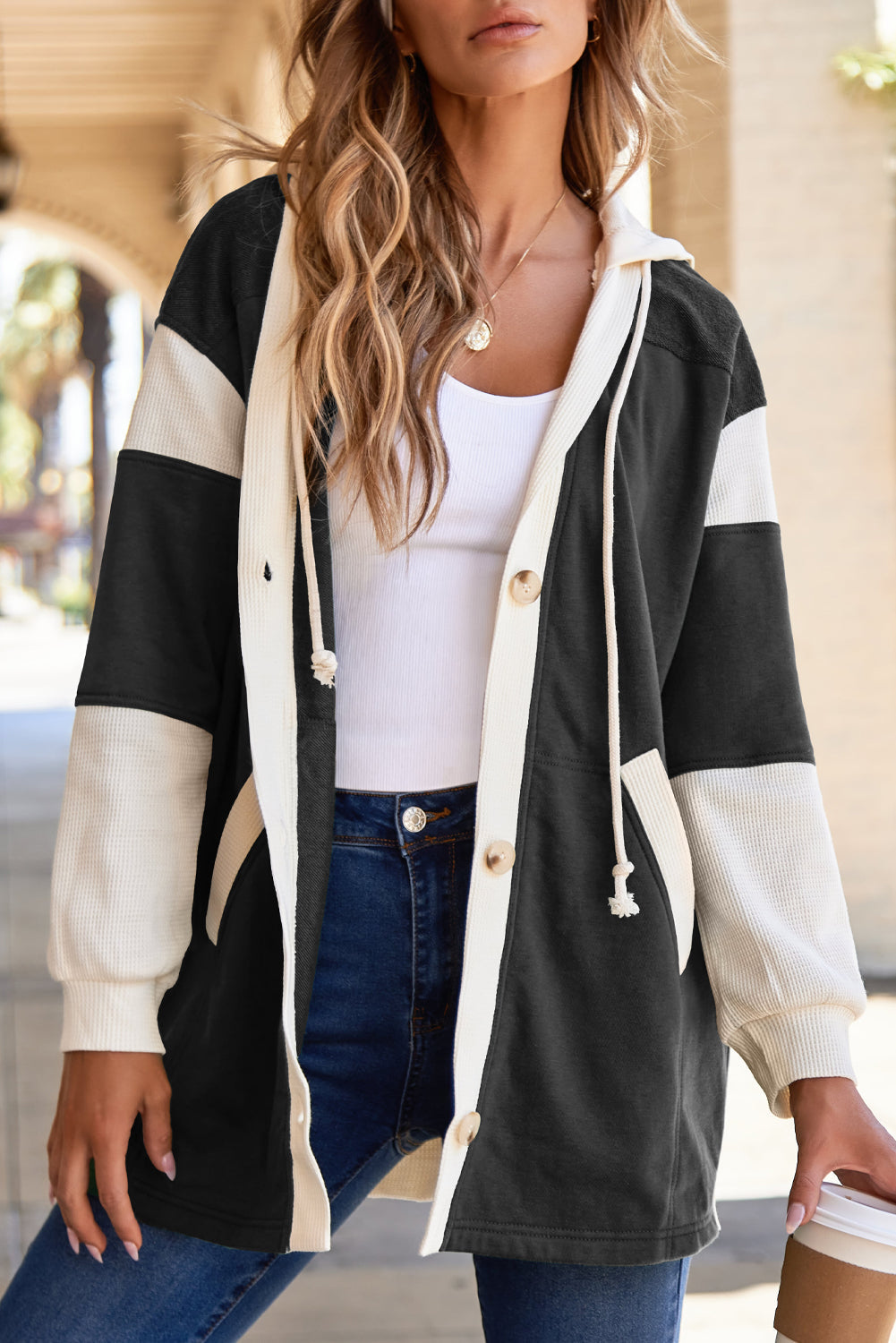 Waffle Knit Colorblock Patchwork Buttoned Hoodie