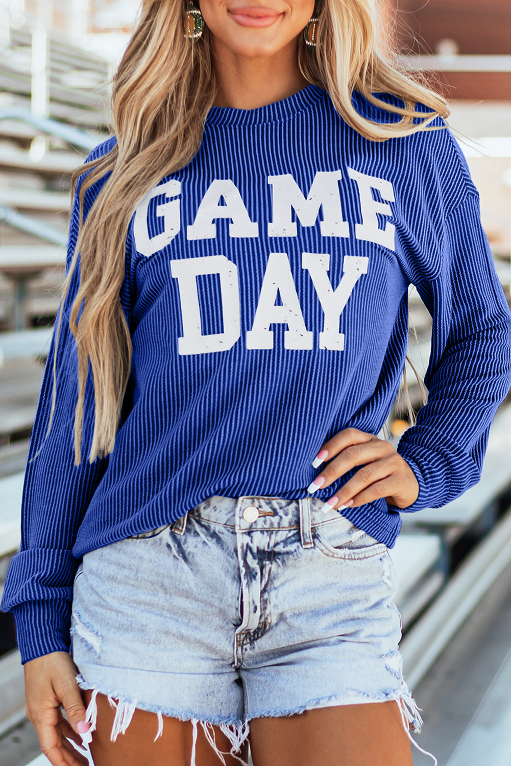 GAME DAY Textured Long Sleeve Crewneck Top