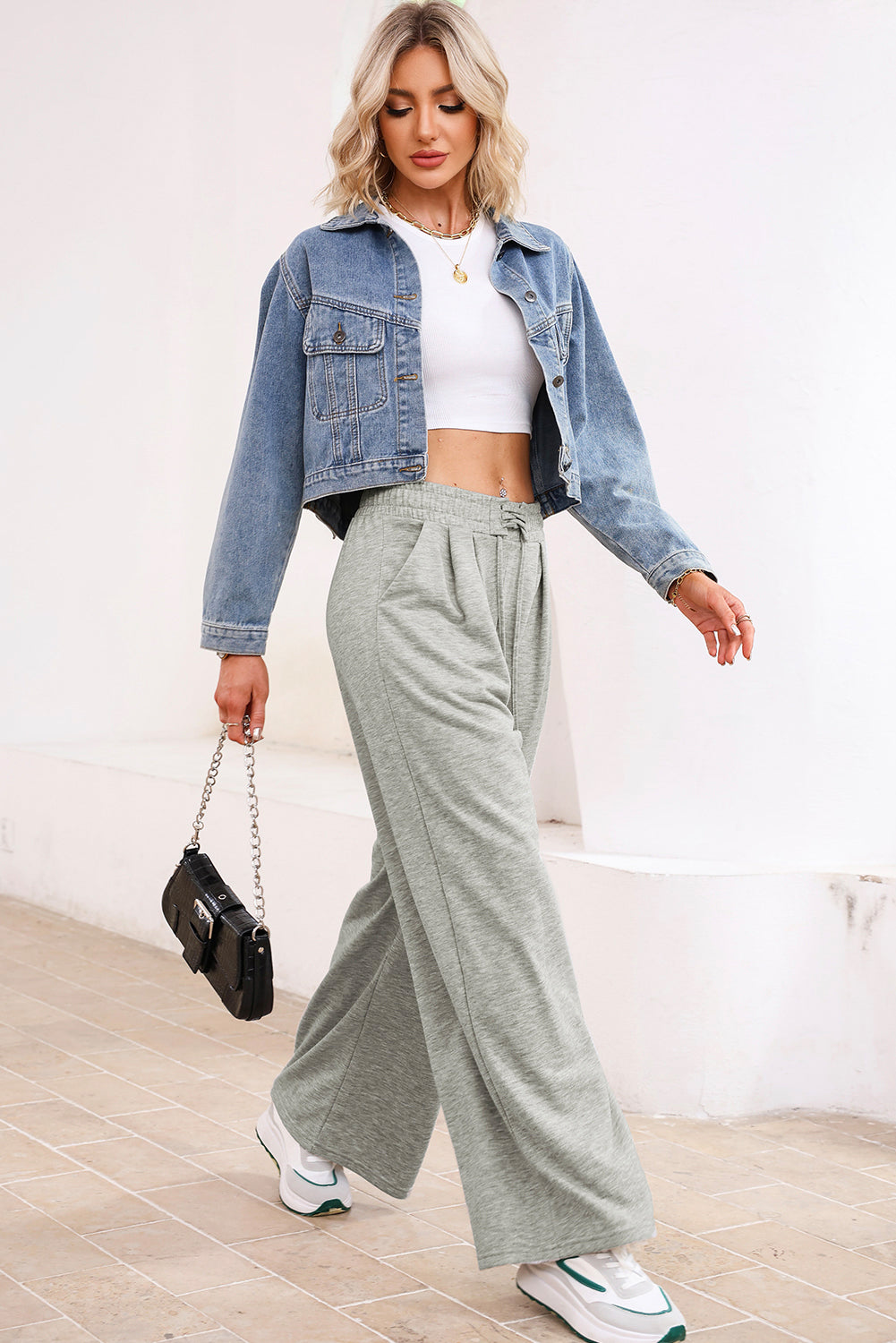Solid Tied High-Waist Pleated Sweatpants