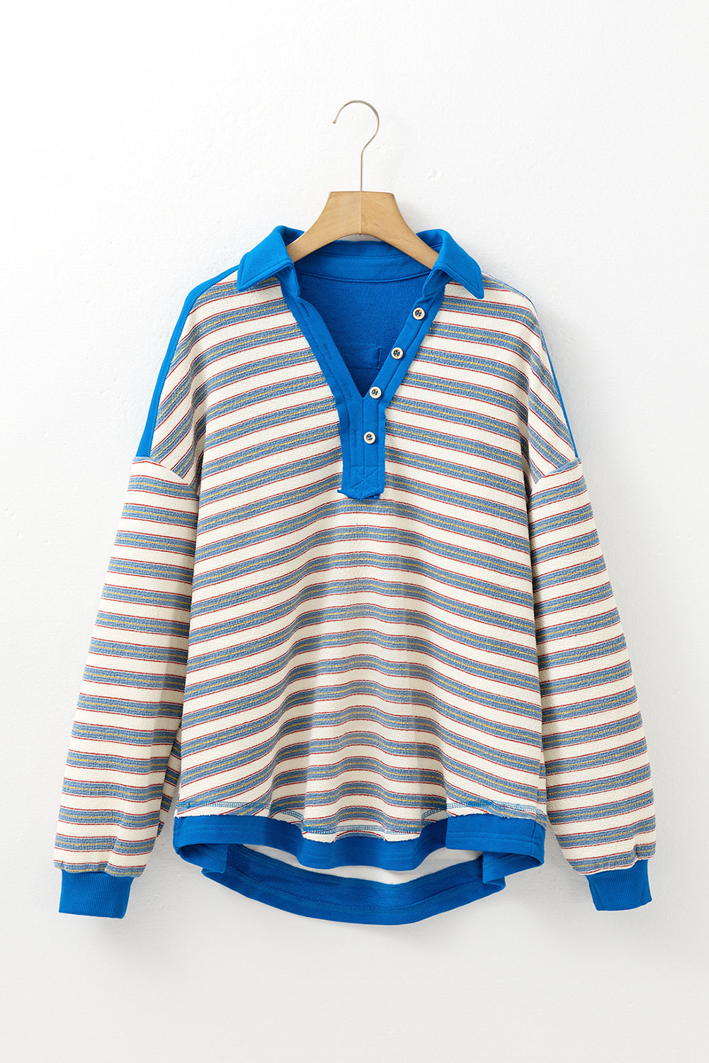 Stripe Buttoned Collared V-Neck Drop Shoulder Top
