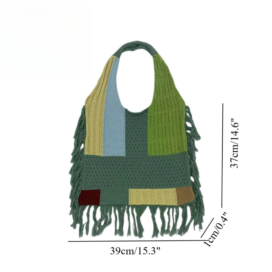 Tassel bag women, splicing knitted shoulder bag, simple and versatile retro knitted bag hobo