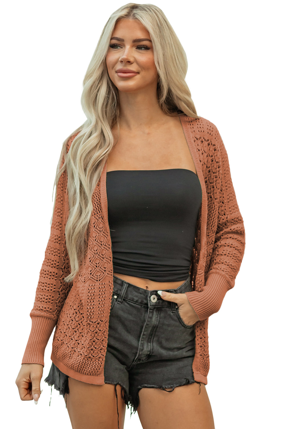 Solid Hollow Knit Open-Front Cardigan