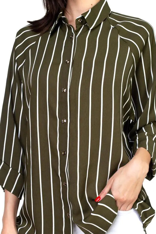 Stripe Button Down Shirt -Olive - # WOAA21510017-PRG