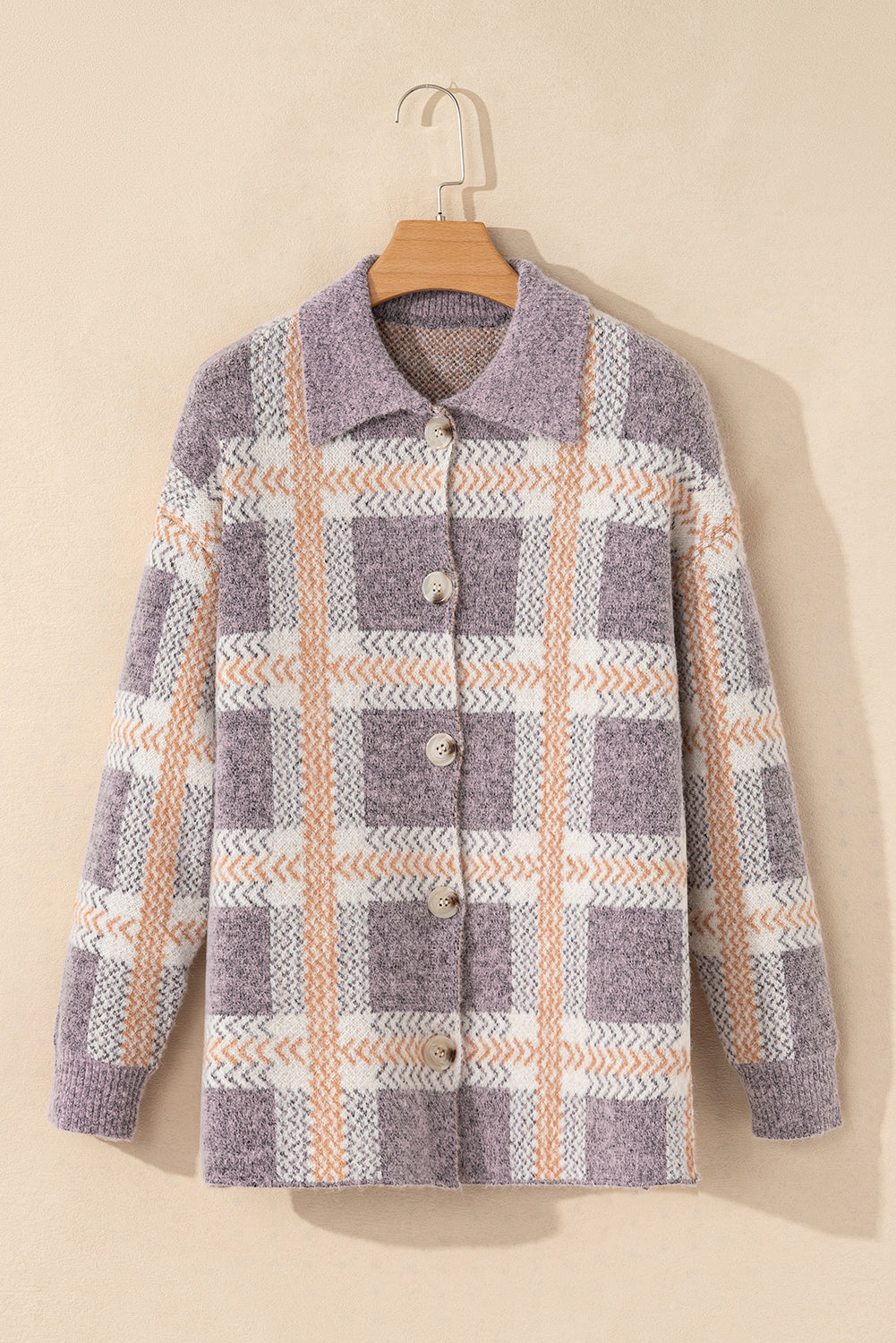 Plaid Button-Up Collared Fuzzy Cardigan