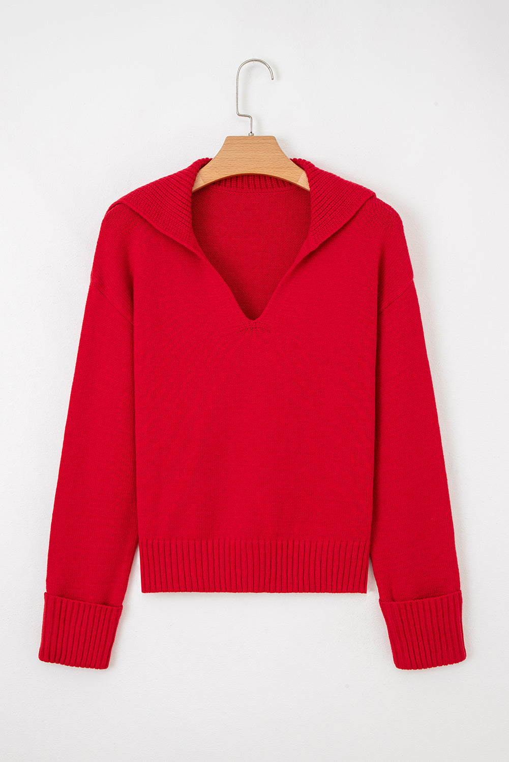 Solid Collared V-Neck Ribbed Edge Sweater