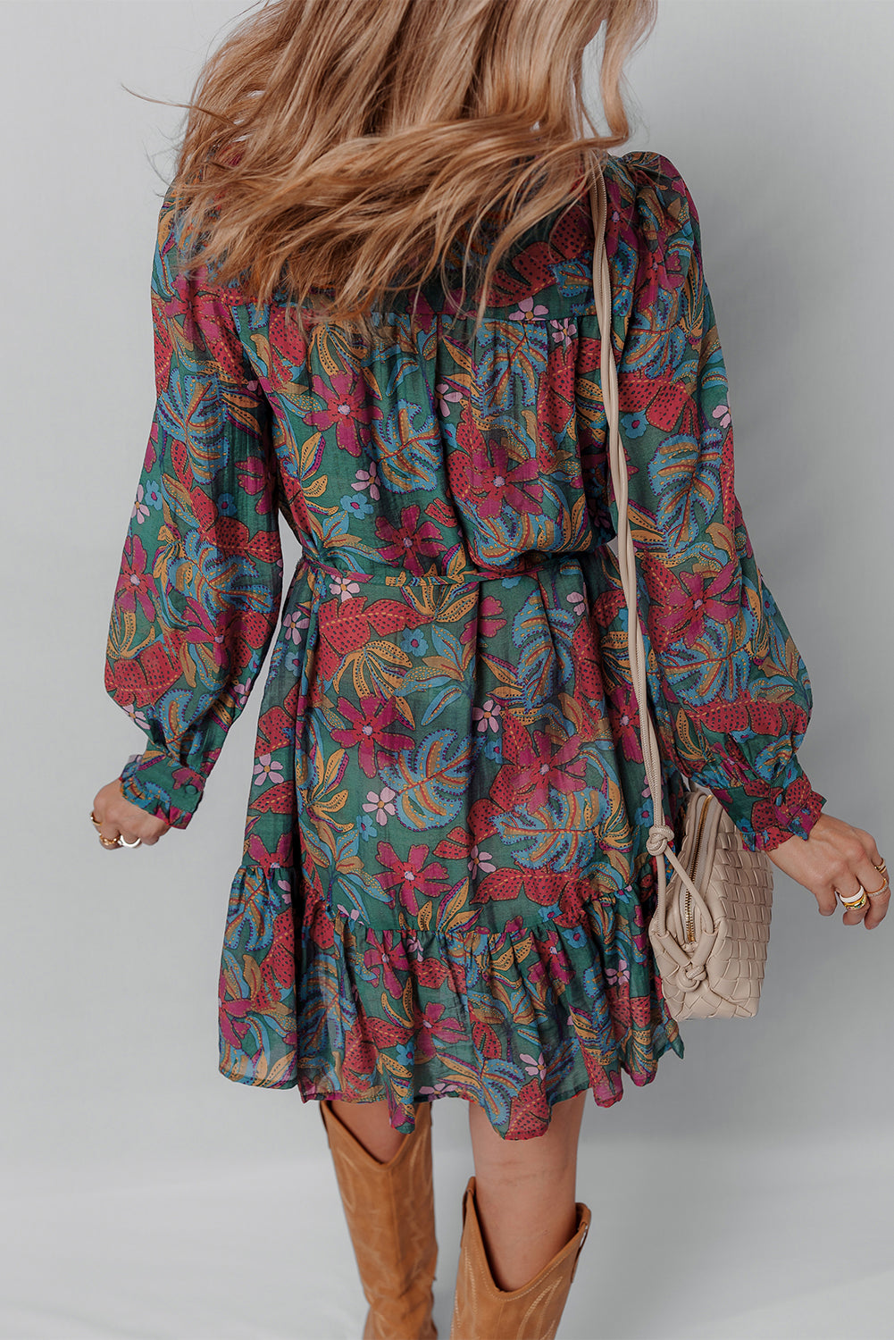 Floral Frilled V-Neck Puff Sleeve Ruffle Shirt Dress