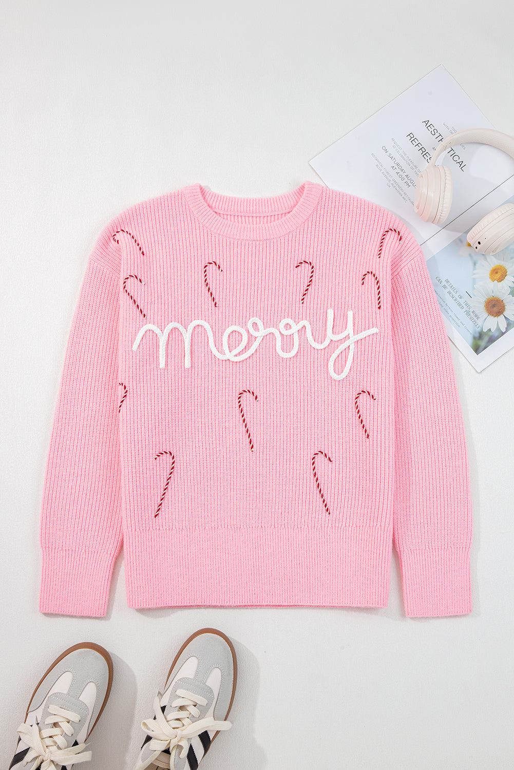 Merry Candy Cane Embroidered Crewneck Sweater